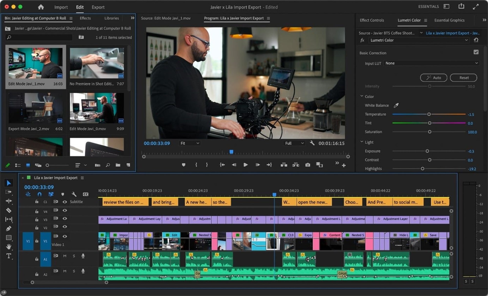 Interface de Premiere Pro avec une piste de sous-titres au-dessus de la timeline et le panneau Lumetri Color