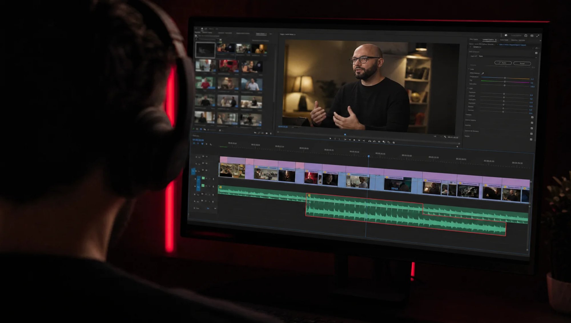 Monteur de dos avec un casque, face à un grand écran de montage : une interview à l’image et, sur la timeline, une piste audio qui dépasse sous le plan suivant, entourée de rouge