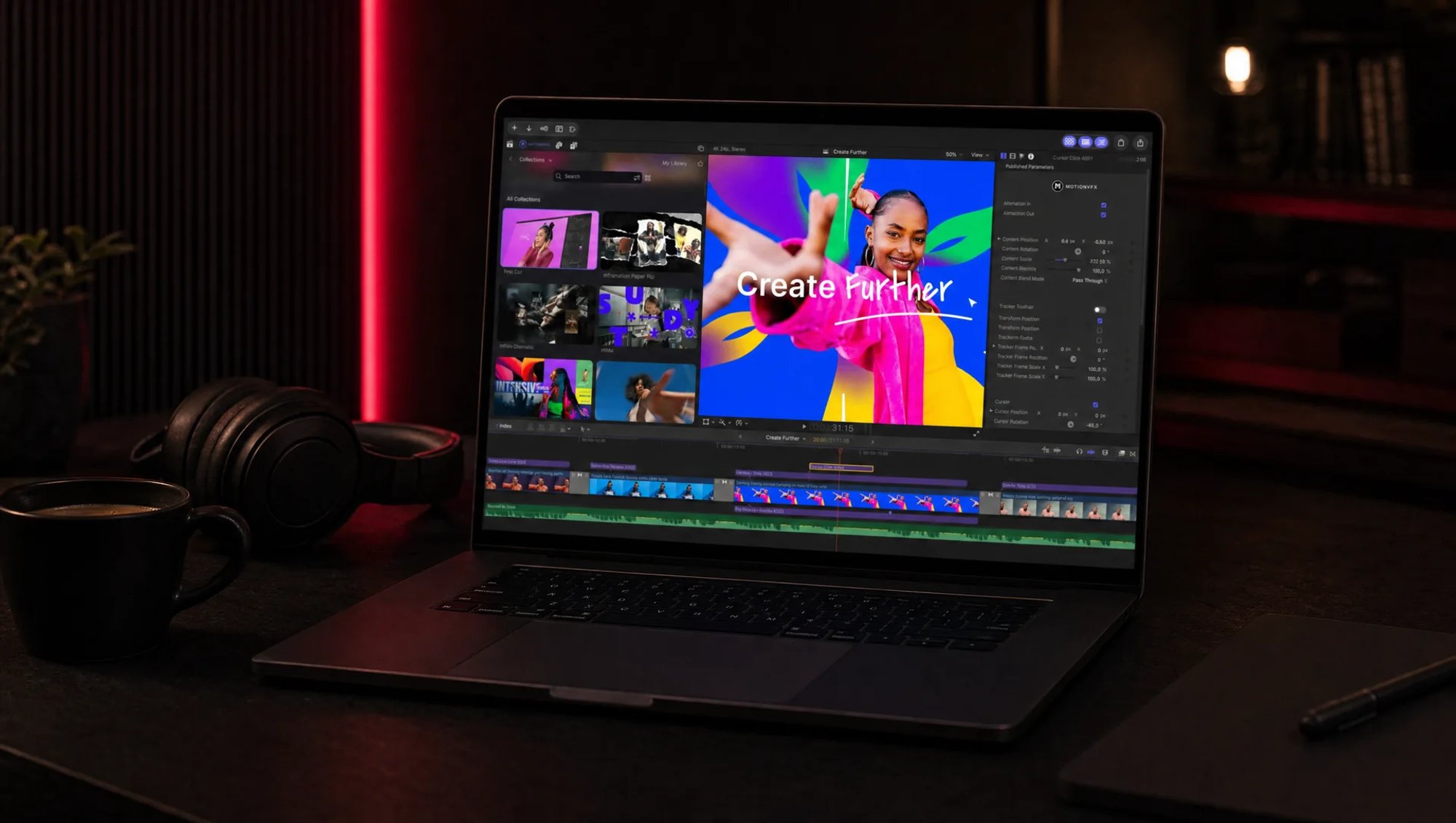 MacBook Pro on a dark desk lit in red, showing Final Cut Pro with the MotionVFX library, an animated title in the viewer and the timeline