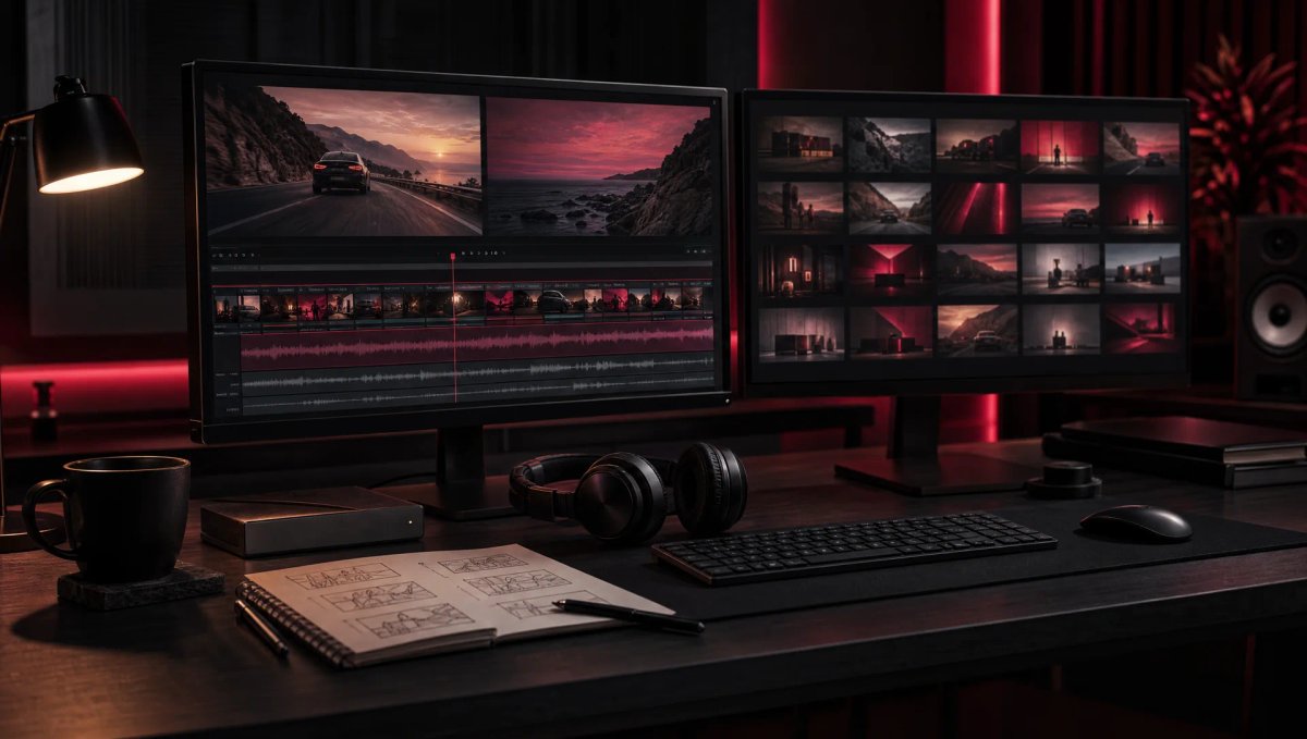 Bureau de monteur vidéo dans une pièce sombre éclairée en rouge, avec une timeline de montage à l’écran, une grille de vidéos terminées, un casque et un disque dur