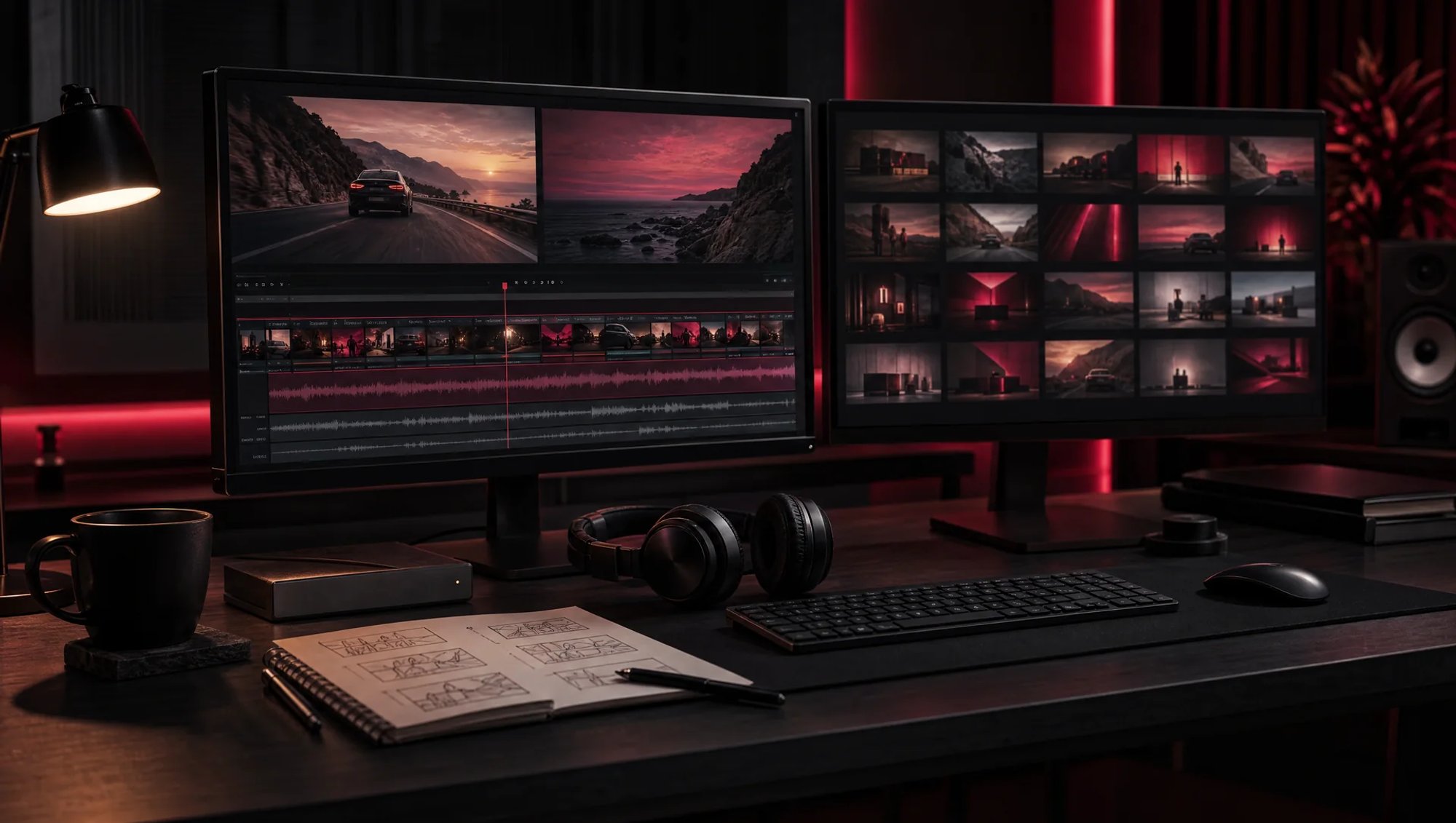 Video editor's desk in a dark room with red lighting, an editing timeline on screen, a grid of finished videos, headphones and a hard drive