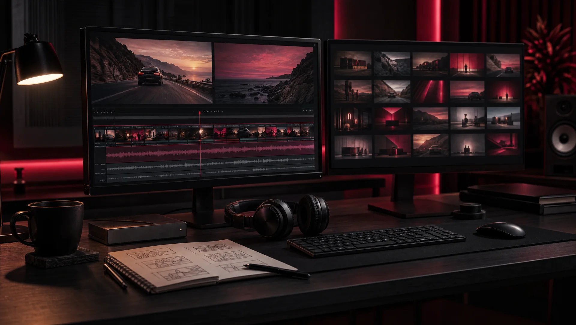 Video editor's desk in a dark room with red lighting, an editing timeline on screen, a grid of finished videos, headphones and a hard drive