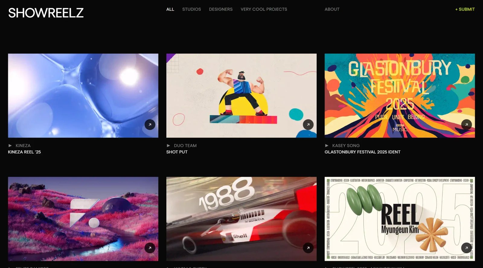Page d’accueil de Showreelz en 2025 : grille de reels de studios, ident de festival et projets 3D