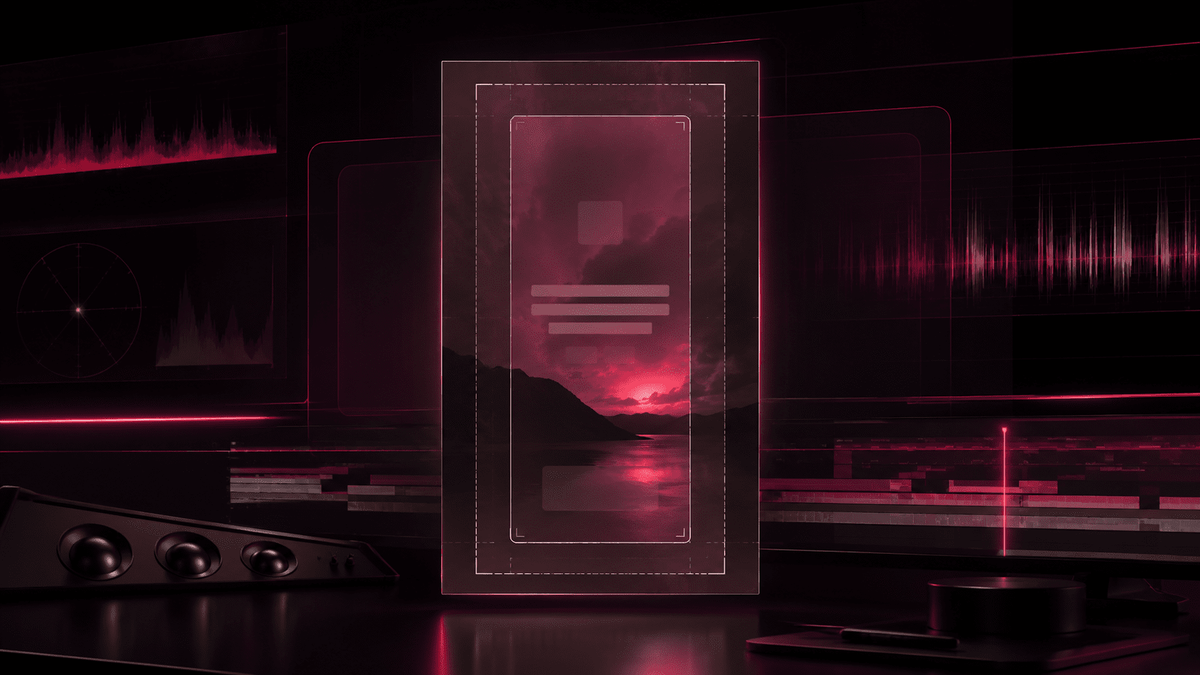 Écran vertical 9:16 avec repères de safe zone, entouré d’une timeline, de formes d’onde et d’un vectorscope dans un studio sombre aux reflets rouges