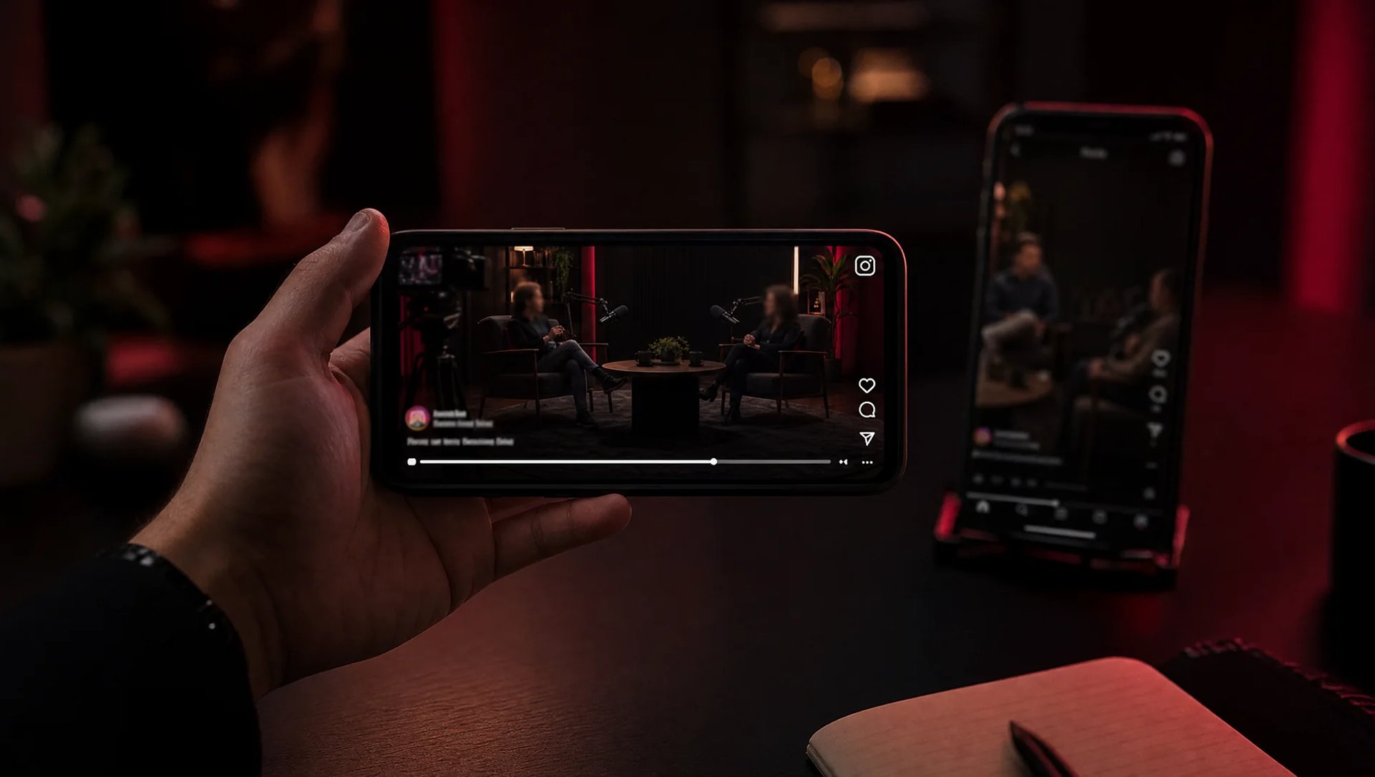 Hand holding a smartphone horizontally with a long video podcast playing in the Instagram app, and a vertical Reel in the background, in a dark room lit in red