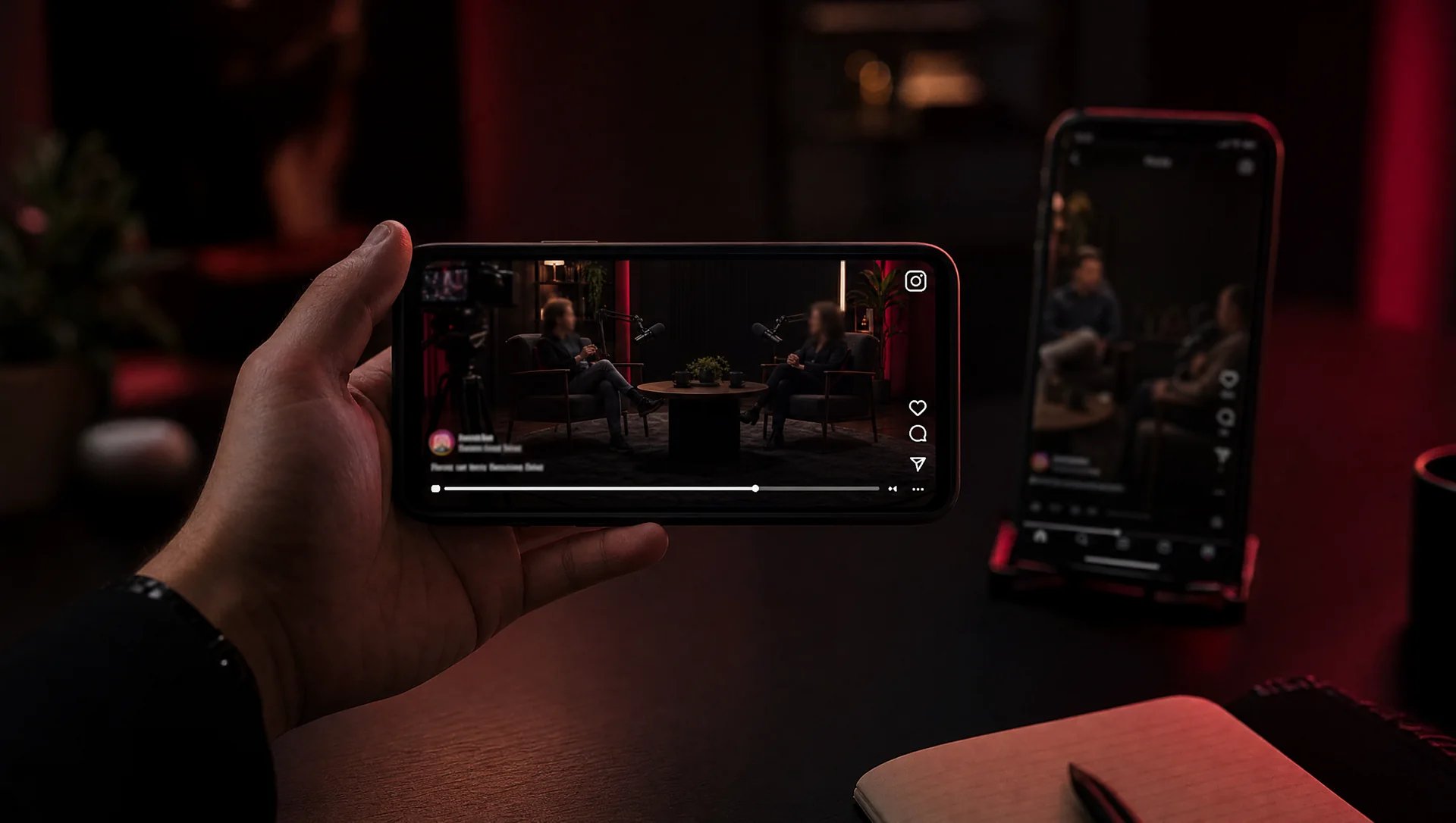 Hand holding a smartphone horizontally with a long video podcast playing in the Instagram app, and a vertical Reel in the background, in a dark room lit in red