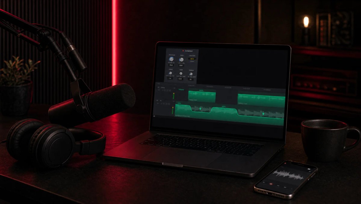 Bureau de home studio dans le noir avec un micro sur bras articulé, un casque et un ordinateur portable affichant une piste de dialogue et une piste de musique dont le volume baisse pendant la voix, un smartphone posé à côté, éclairage rouge