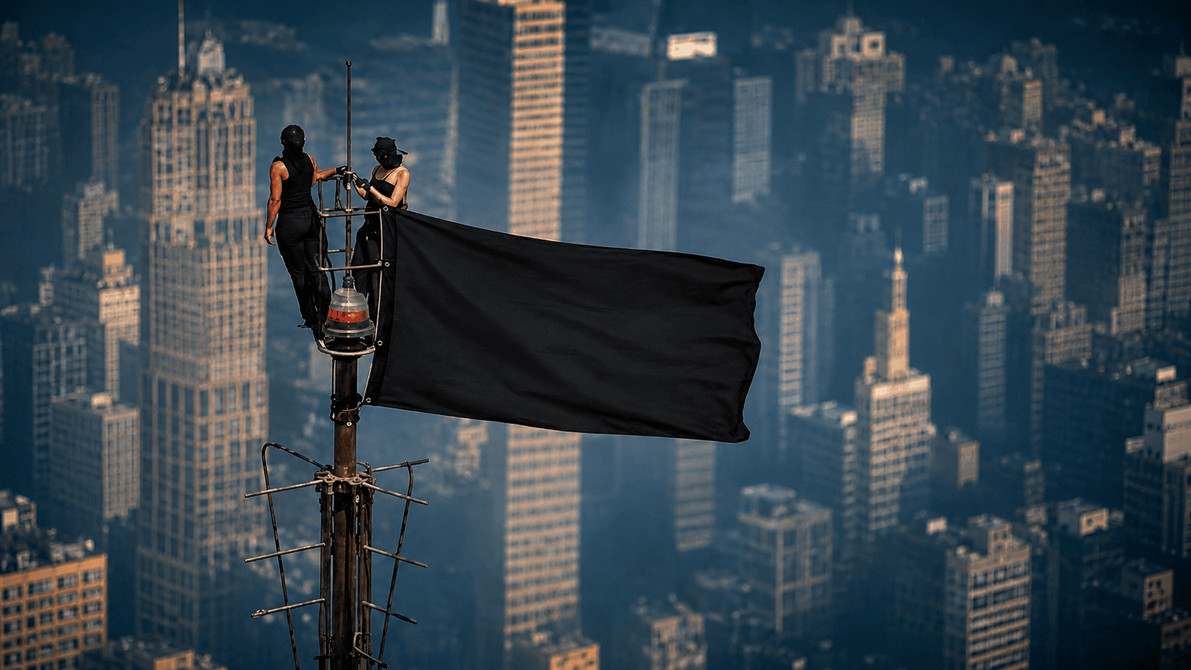 Two climbers dressed in black, faces covered, at the top of an antenna holding a blank black flag above Manhattan