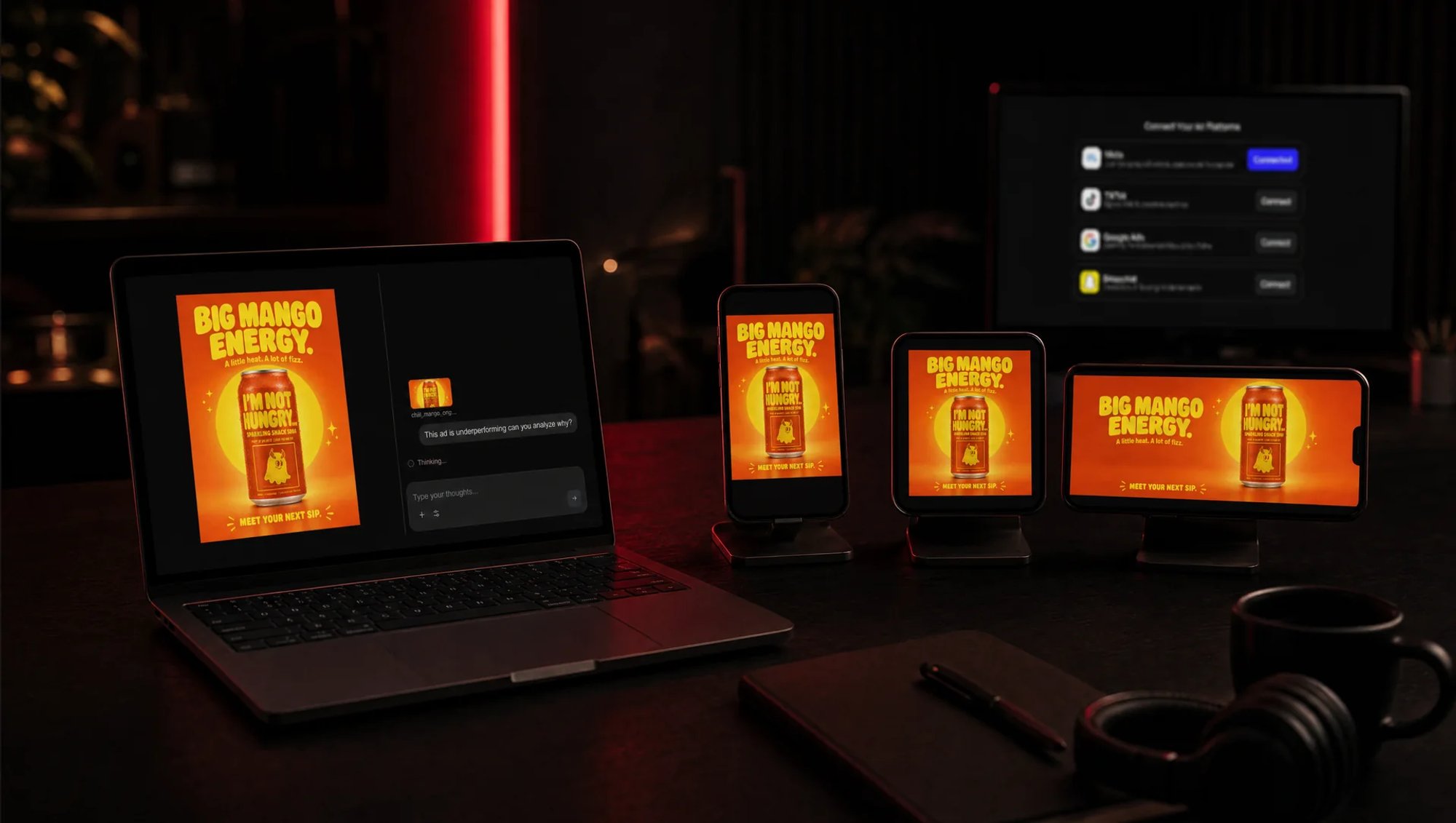 Bureau sombre éclairé en rouge : un ordinateur portable affiche Runway Ads avec une pub de canette orange et un panneau de discussion, trois téléphones montrent la même pub en vertical, carré et horizontal