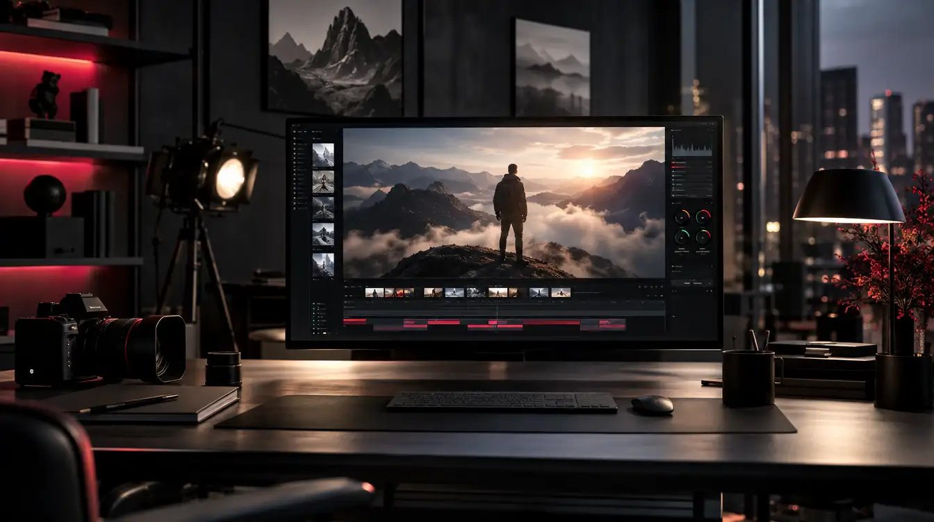 Poste de montage dans un bureau sombre : écran avec timeline vidéo, appareil photo et projecteur sur trépied