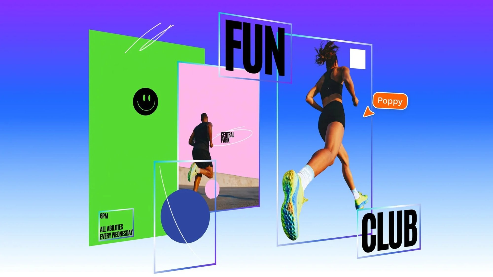 ملصق رياضي مفكّك إلى طبقات عائمة: خلفية خضراء، صورة وردية، عداءة، وكلمتا FUN وCLUB منفصلتان