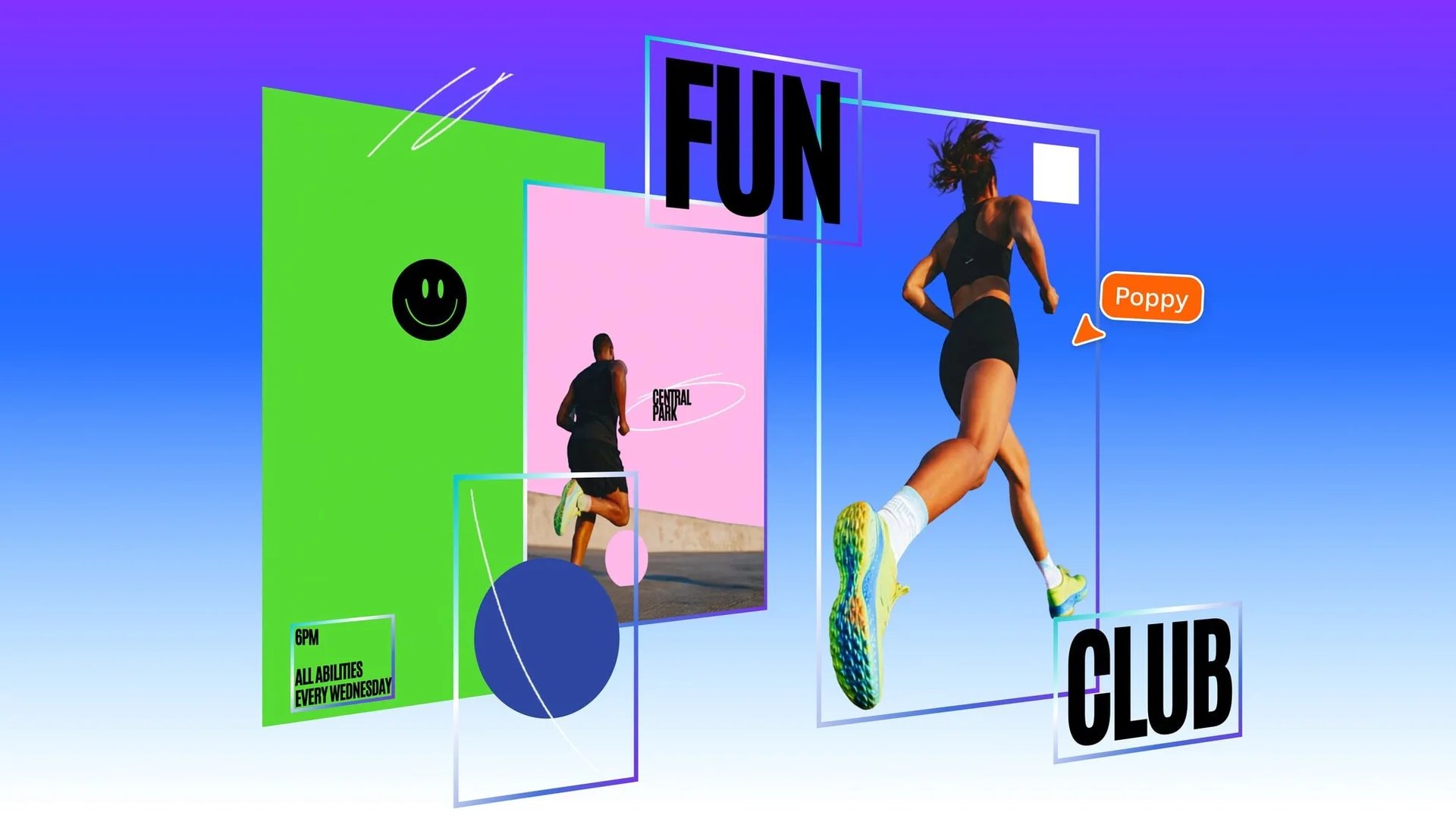 ملصق رياضي مفكّك إلى طبقات عائمة: خلفية خضراء، صورة وردية، عداءة، وكلمتا FUN وCLUB منفصلتان