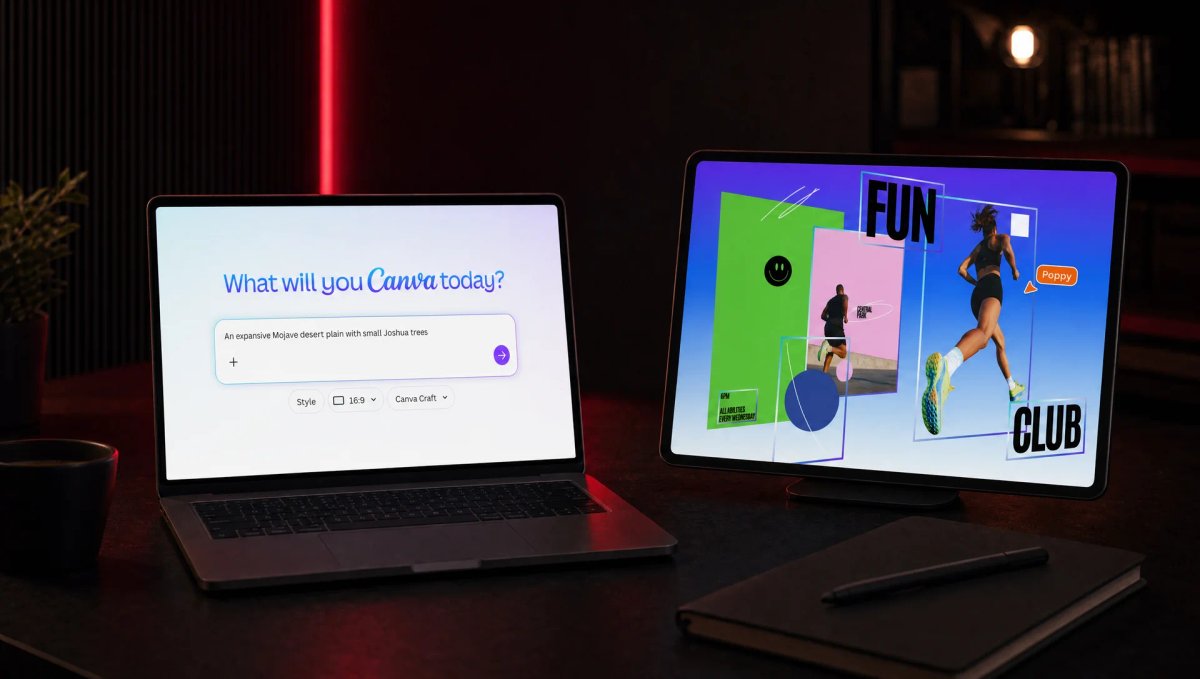 مكتب مظلم بإضاءة حمراء: حاسوب محمول يعرض خانة الأوامر في Canva مع نموذج Canva Craft، وجهاز لوحي يعرض ملصقًا مقسمًا إلى طبقات
