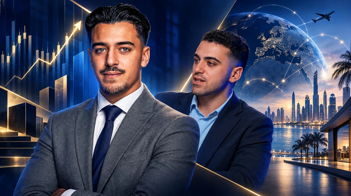 Deux intervenants de Capital Nomade en costume, l’un au premier plan les bras croisés, l’autre en retrait, entre un graphique financier doré en hausse à gauche et un globe terrestre avec les gratte-ciel de Dubaï au crépuscule à droite