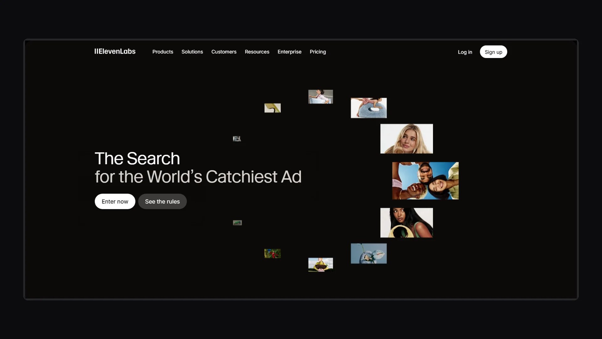 Page officielle du concours The Search d’ElevenLabs, titre « The Search for the World’s Catchiest Ad » avec les boutons Enter now et See the rules