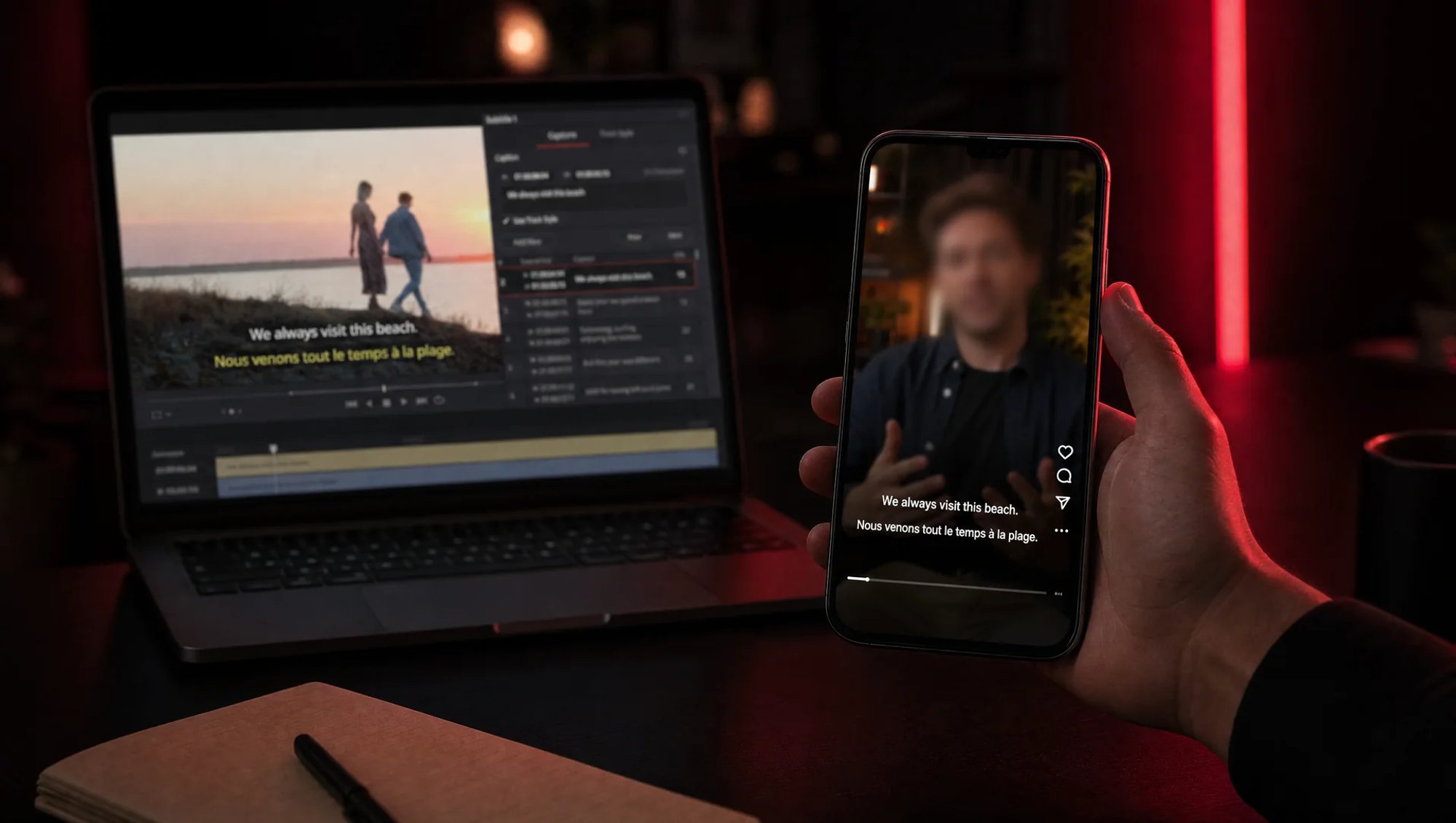Hand holding a smartphone playing a vertical video with two-line subtitles, in front of a laptop open on an editing app with a subtitle list, in a dark room lit in red