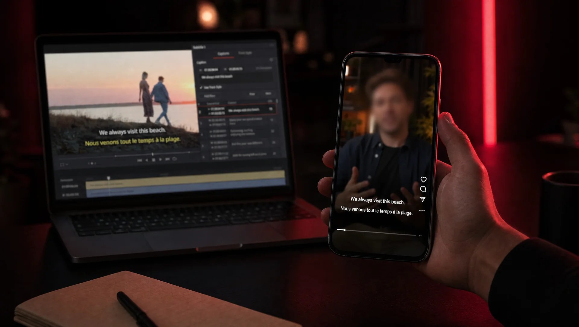 Hand holding a smartphone playing a vertical video with two-line subtitles, in front of a laptop open on an editing app with a subtitle list, in a dark room lit in red