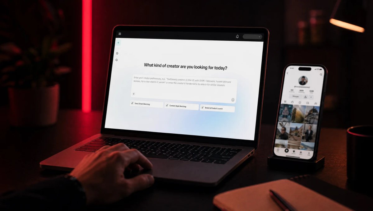 حاسوب محمول يعرض صفحة البحث عن صنّاع المحتوى في TikTok One مع سؤال What kind of creator are you looking for today، وهاتف يعرض حساب صانع محتوى، في غرفة مظلمة بإضاءة حمراء