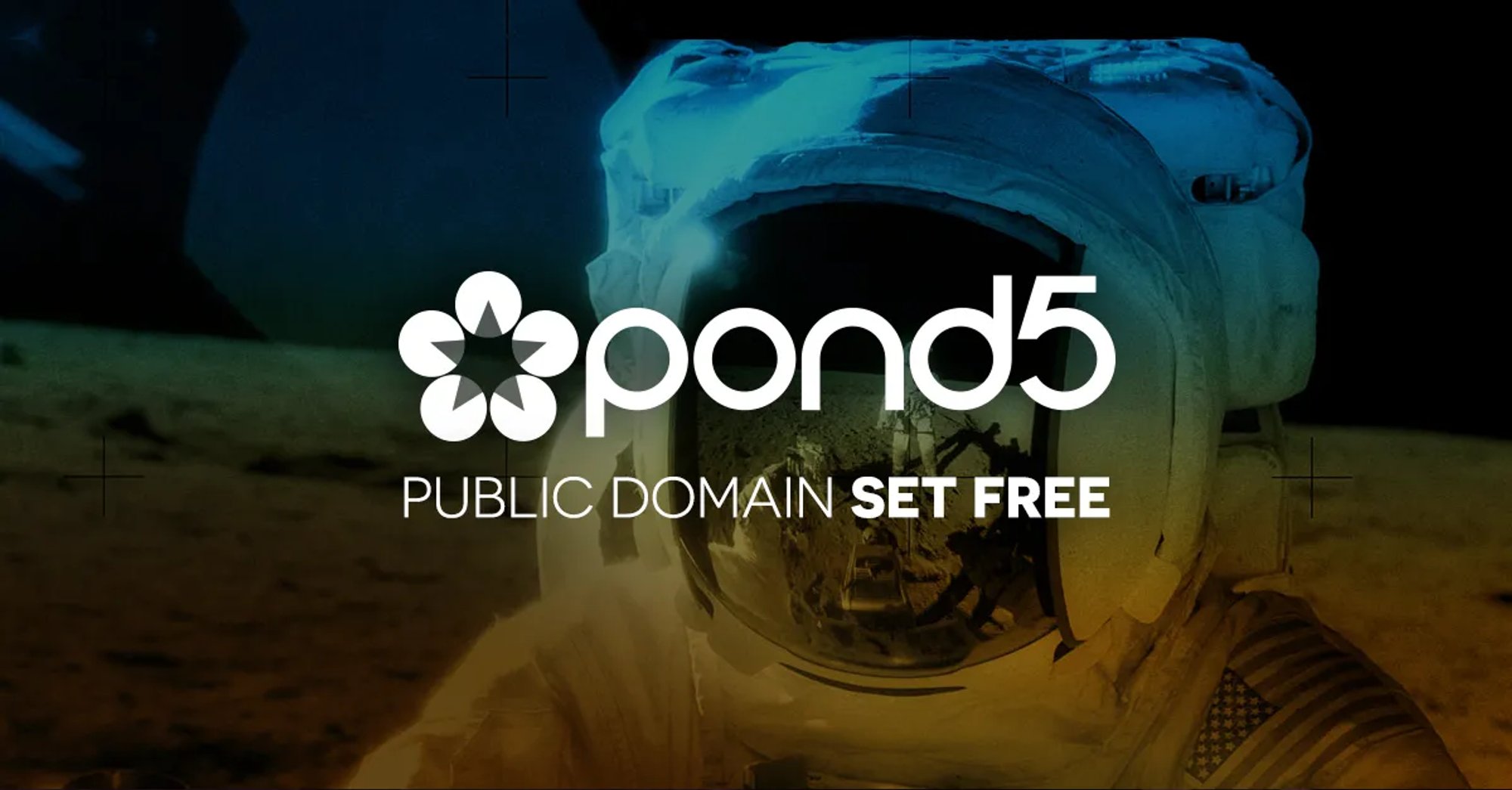 Pond5 “Public Domain Set Free” artwork over an astronaut, the emblem of its public domain collection