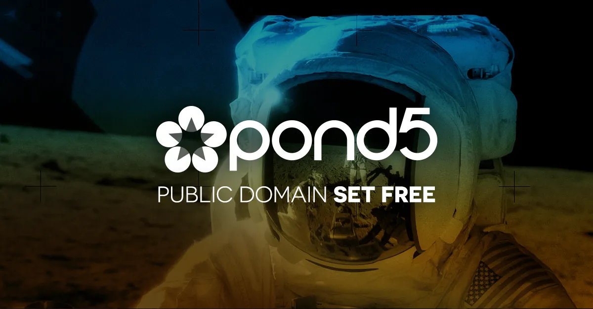 Pond5 “Public Domain Set Free” artwork over an astronaut, the emblem of its public domain collection