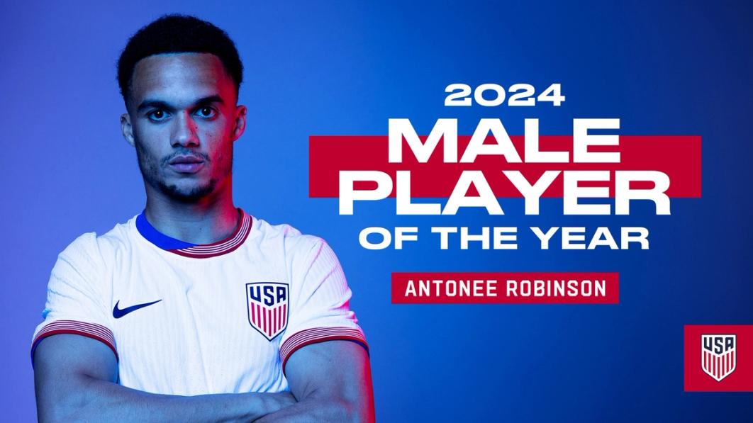 Graphic with a picture of Antonee Robinson and text 2024 Male Player of the Year Antonee Robinson