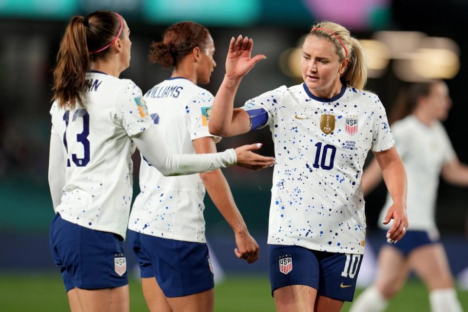 Lindsey Heaps #10 of the United States high fives Alex Morgan #13 during the second half of the FIFA Women's World Cup Australia & New Zealand 2023 Group E match between Portugal and USA at Eden Park on August 1, 2023 in Auckland, New Zealand. (Photo by Brad Smith/USSF/Getty Images)