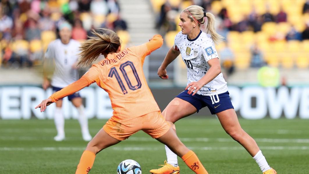 Lindsey Horan dribbles past Danielle van de Donk during the most recent meeting between the USA and the Netherlands at the 2023 FIFA Women's World Cup.