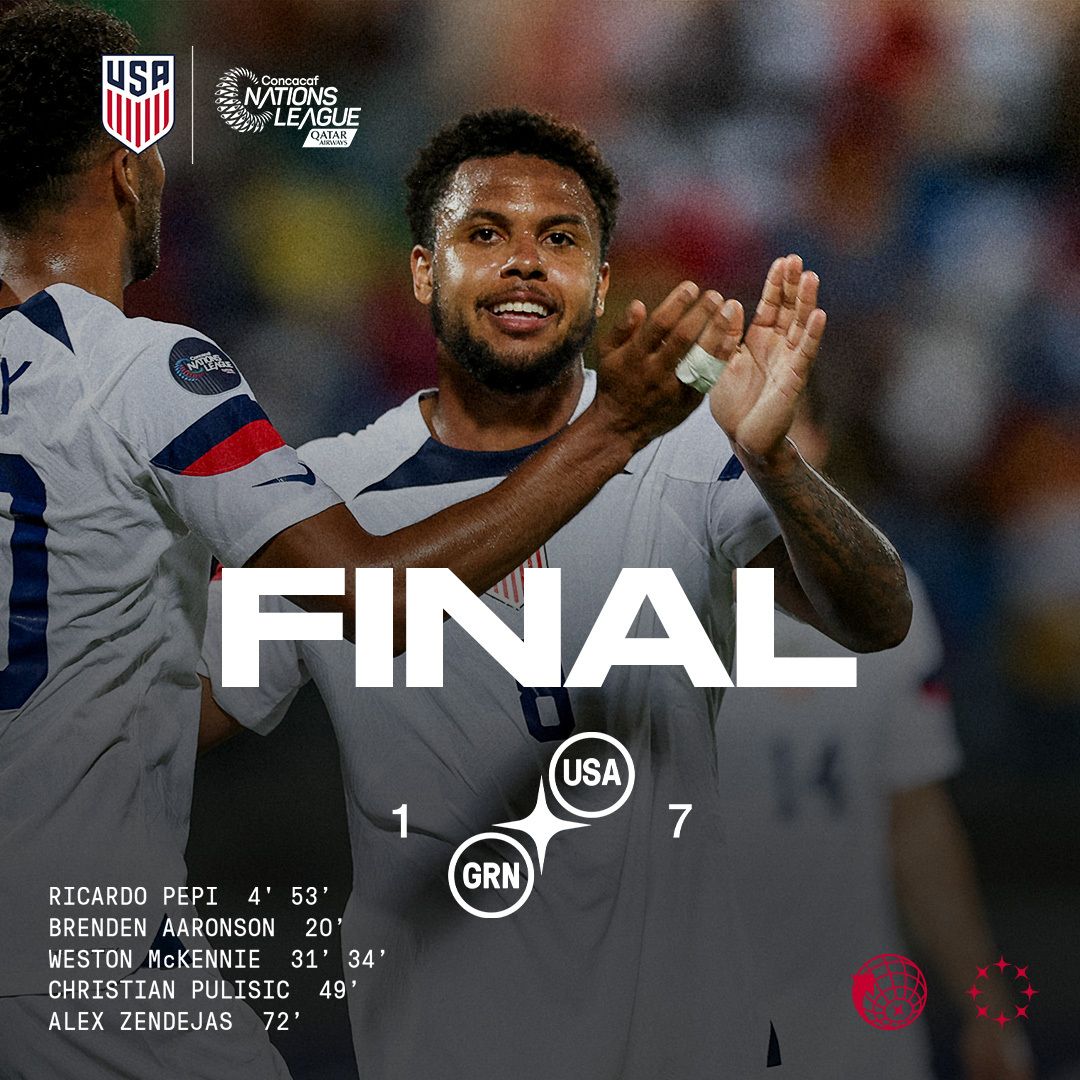 U.S. Men’s National Team Rout Grenada 7-1 To Move Atop Nations League A Group D