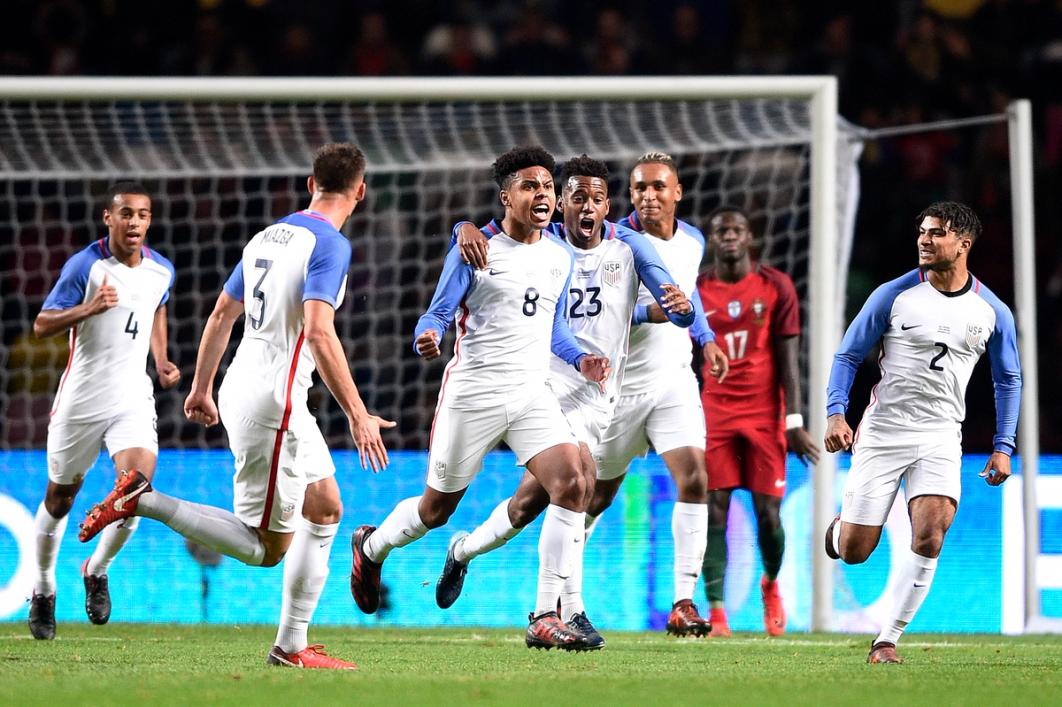 Weston McKennie celebrates after scoring the first goal during the international friendly against Portugal at Estadio Municipal Leiria on Nov. 14, 2017 in Leiria, Portugal (Photo by Octavio Passos/Getty Images)