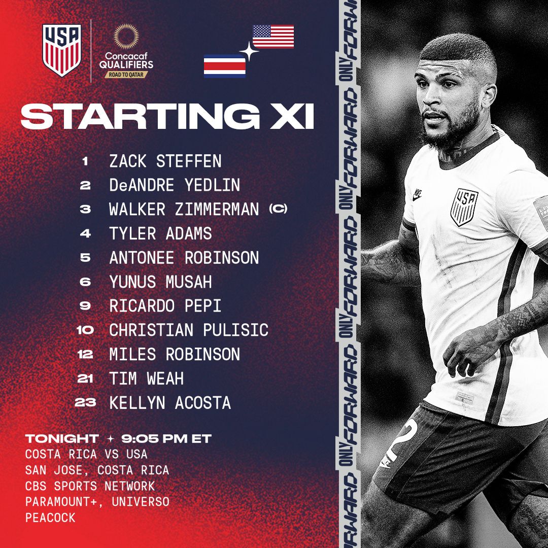 2022 Concacaf World Cup Qualifying USA Vs Costa Rica Starting XI Lineup Notes TV Channels Start Time