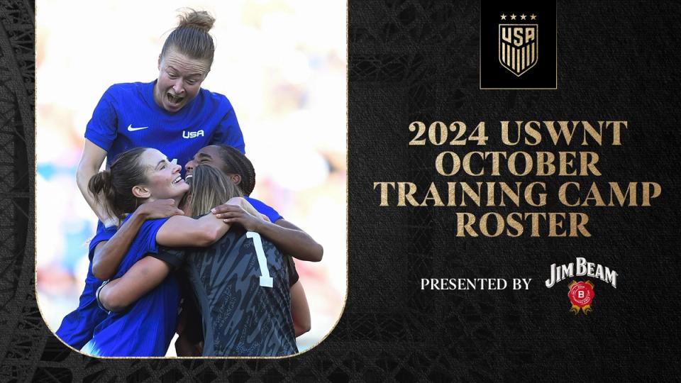 Graphic with photos of Emily Sonnett, Emily Fox, Naomi Girma and Alyssa Naeher with text 2024 USWNT October Training camp Roster presented by Jim Beam