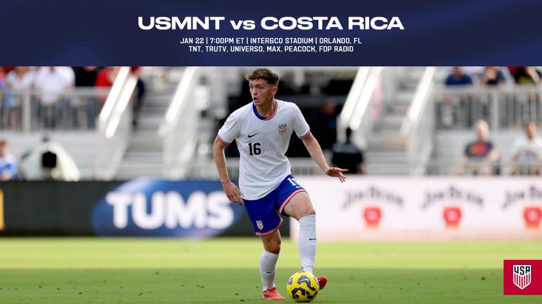 A graphic with a photo of Jack McGlynn and text USMNT vs Costa Rica Jan 22 7 PM ET Inter&Co Stadium Orlando FL TNT truTV Universo Max Peacock FDP Radio