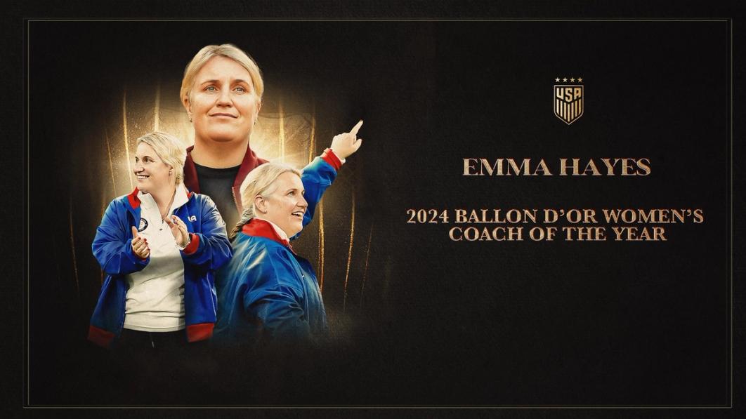 A graphic with photos of Emma Hayes and text EMMA HAYES 2024 BALLON D'OR WOMEN'S COACH OF THE YEAR