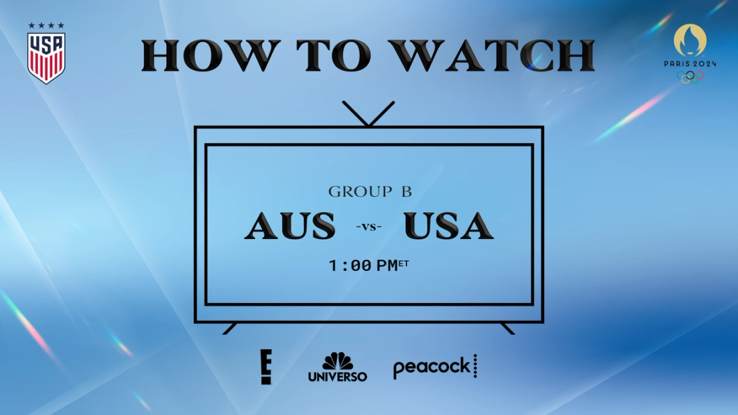 Graphic with text HOW TO WATCH Group B USA vs AUS 1 pm ET E! Network Universo Peacock