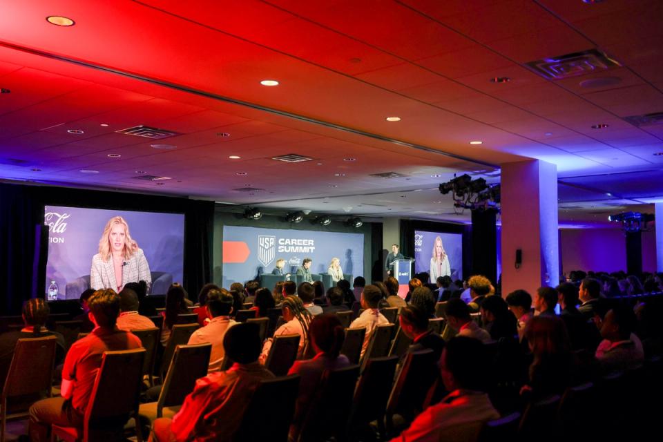 Aubrey Walton speaks during the U.S. Soccer Sports Career Summit at Westin Peachtree Plaza on February 19, 2026 in Atlanta, GA. (Photo/Jason Allen, USSF)