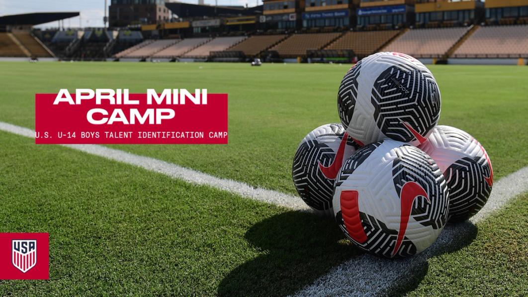 Stacked soccer balls on a field text graphic april mini camp