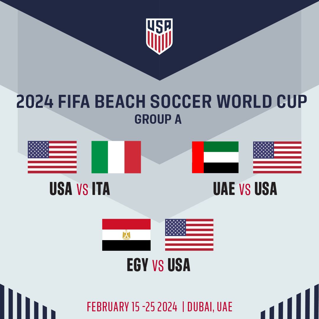 U.S. Men’s Beach Soccer National Team to Face Italy, United Arab Emirates and Egypt at 2024 FIFA Beach Soccer World Cup in United Arab Emirates