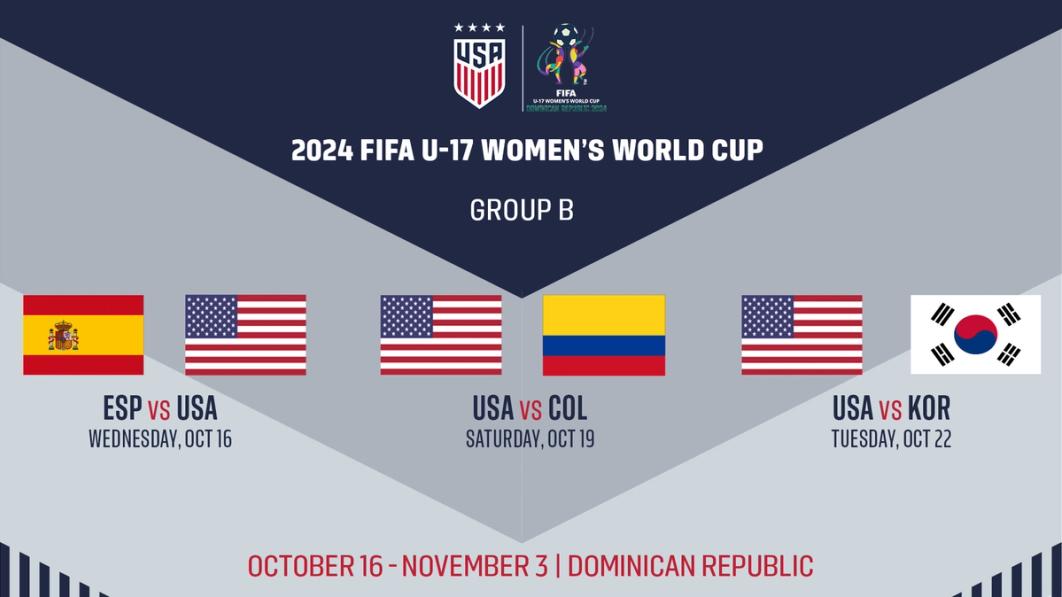 graphic with text 2024 fifa u-17 womens world cup group b esp vs usa wednesday oct 16 usa vs col saturday oct 19 usa vs kor tuesday oct 22 october 16 - november 3 dominican republic