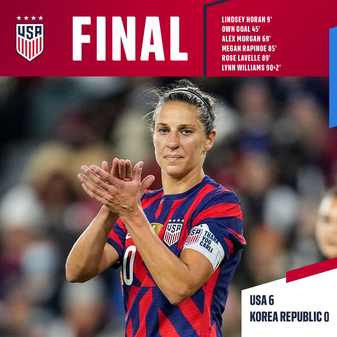 Legendary Forward Carli Lloyd Plays Final International Match as U.S. Women’s National Team Roll Over Korea Republic 6-0