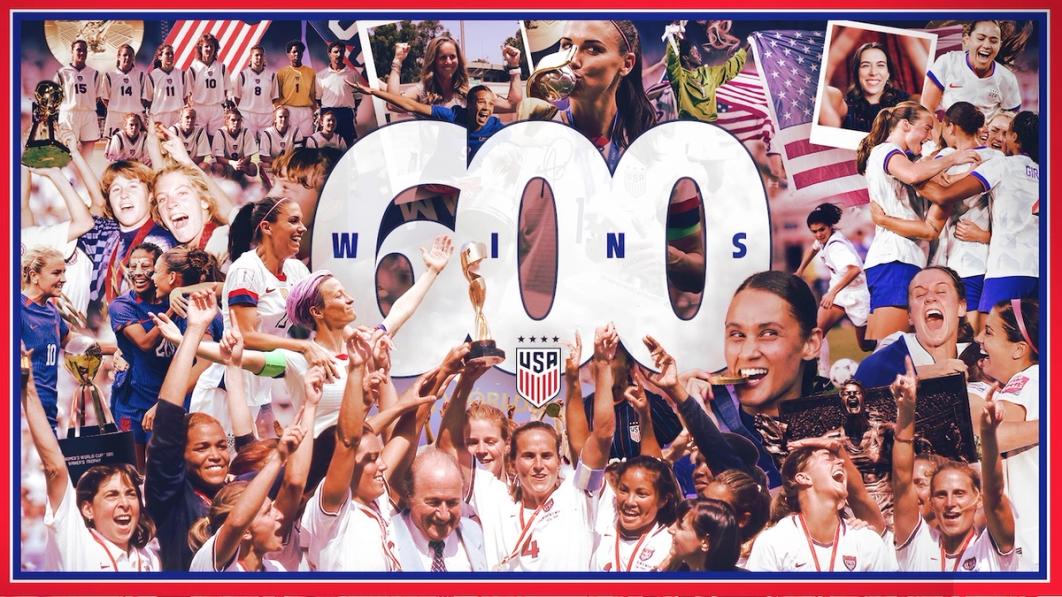 600 wins graphic is WNT players from several generations