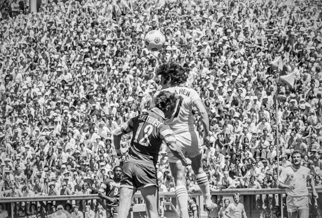 The Tampa Bay Rowdies taking on the Portland Timbers in Soccer Bowl '75 on August 24, 1975 at Spartan Stadium in San Jose, Calif.