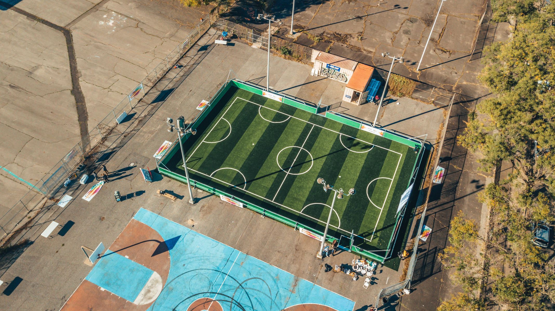 Aerial shot of a soccer pitch.