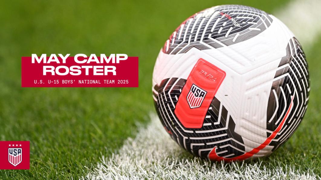 soccer ball on field text reads may camp roster