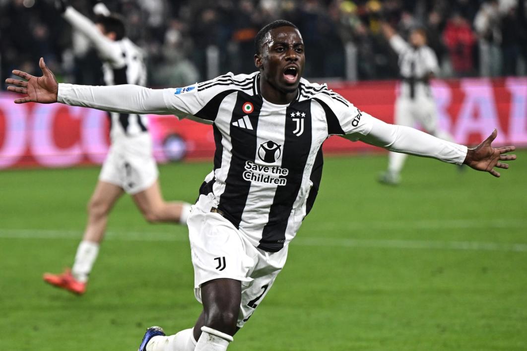 Tim Weah celebrates after scoring a goal for Juventus