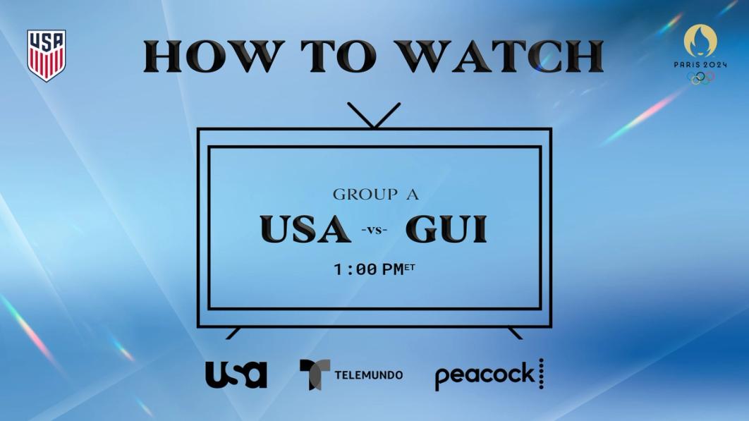 Graphic with text How to Watch Group A GUI vs USA 1 pm ET USA Network Telemundo Peacock