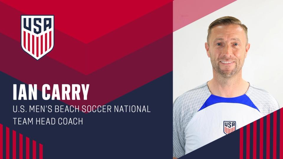 Graphic with a picture of Ian Carry and text Ian Carry U.S. Men's Beach Soccer National Team Head Coach