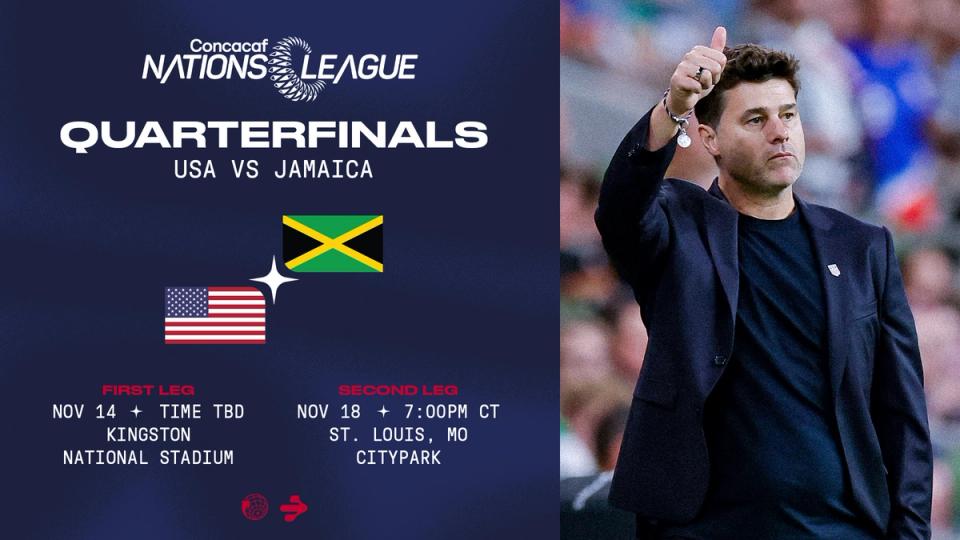 Graphic with a photo of Mauricio Pochettino and text Concacaf Nations League Quarterfinals USA vs Jamaica Nov 14 Kingston National Stadium Nov 18 7 PM CT St Louis MO CITYPARK