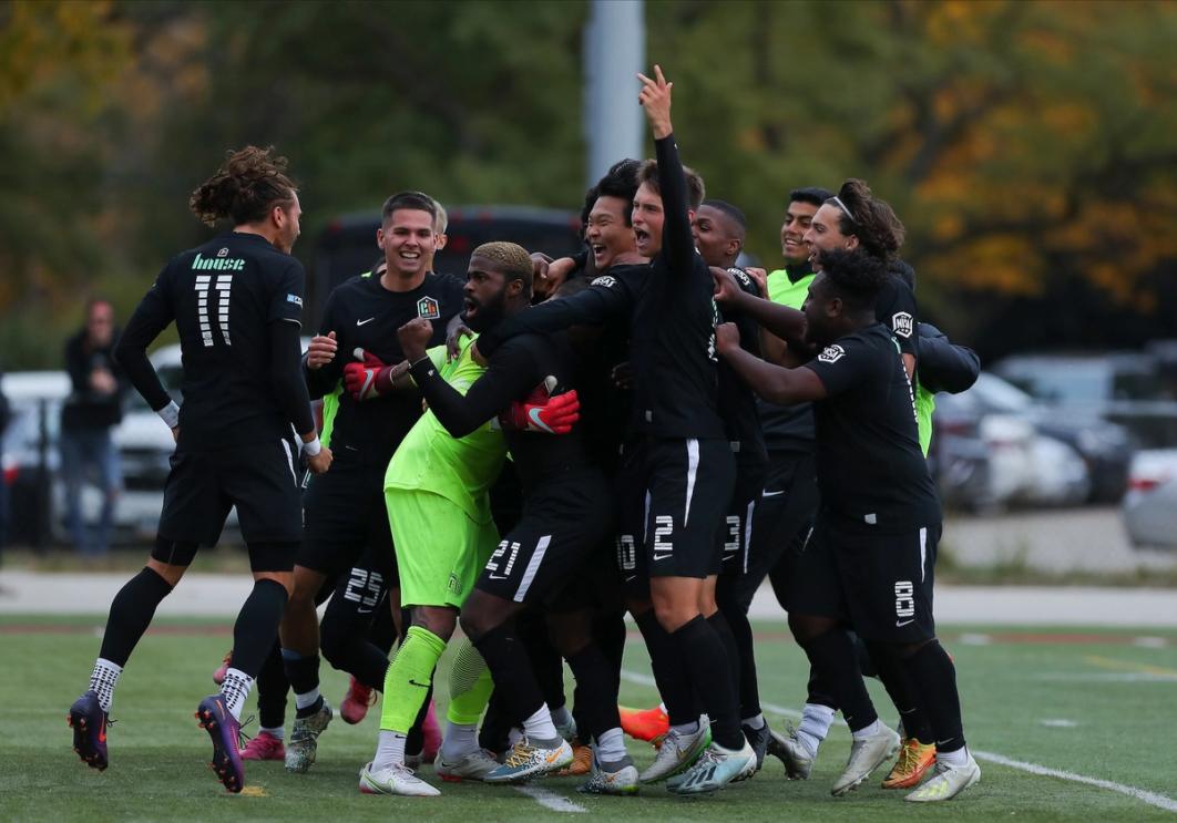 Chicago House players celebrate a shootout win in the 2023 Open Cup Qualifying Rounds