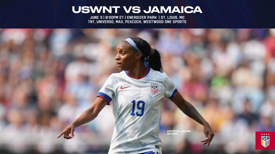 photo of Crystal Dunn dribbling call text USWNT vs. Jamaica