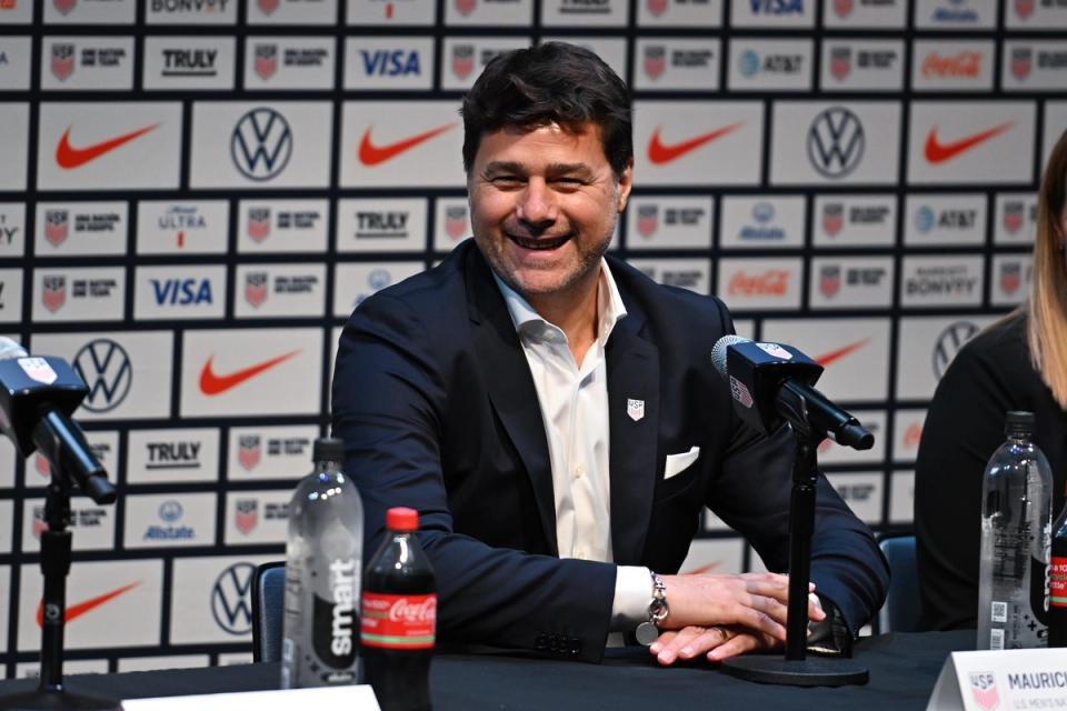 Mauricio Pochettino behind the microphone for his introductory press conference as USMNT Head Coach